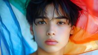 Young Asian woman with dark hair surrounded by vibrant rainbow colored fabric creating dreamy artistic portrait for fashion and beauty concepts.