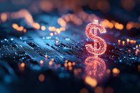 Glowing digital dollar symbol on computer circuit board with bokeh lights effect in blue and orange tones, representing digital currency and fintech.