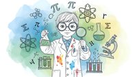 Young scientist in lab coat with magnifying glass surrounded by chemistry and physics symbols on watercolor background for educational materials.