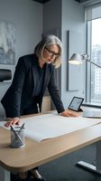 Senior woman with gray hair and glasses wearing black blazer reviewing documents at wooden desk in modern office with city view, tablet and lamp nearby.