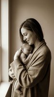 Young Caucasian mother in beige robe tenderly holding newborn baby in warm sepia toned portrait capturing intimate maternal bonding moment at home.