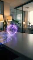 Futuristic holographic brain with neural networks glowing purple on modern office desk. Digital intelligence and artificial mind concept for technology presentations.