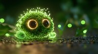 Green fuzzy microorganism with large eyes and spiky texture on dark surface with glowing particles. Microscopic creature concept for science education.