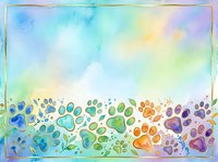 Watercolor paw prints in rainbow colors arranged in a row on soft pastel background, isolated design element suitable for pet-related projects, greeting cards, and apparel printing.