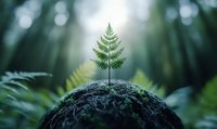 Small green fern growing from moss-covered rock in misty forest setting, symbolizing new life and growth. Dreamy bokeh background creates ethereal nature scene.