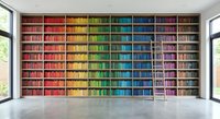 Modern library interior with rainbow colored books arranged by hue on floor-to-ceiling shelves in bright reading room with large windows and polished concrete floor.