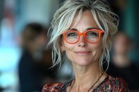 Confident mature woman with blonde messy updo hairstyle wearing bright orange glasses and patterned top smiling warmly at camera against blurred background.