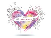 Watercolor heart with floral line art for Mother's Day greeting card design. Colorful gradient splash with hand-drawn botanical elements and typography.