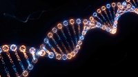DNA double helix structure glowing with golden and blue light particles on dark background, suitable for genetics, science, medical, and biotechnology design projects.