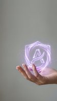 Hand holding glowing purple neon shield with leaf icon and sparkling particles on neutral background. Concept for security, protection, eco-friendly technology, and digital safety solutions.