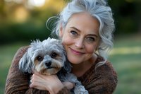 Senior Caucasian woman with silver gray hair embracing small fluffy dog outdoors in warm golden light. Mature female pet owner showing affection and bond.