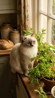 Ragdoll cat with blue eyes sitting among potted herbs on rustic kitchen windowsill with ceramic jars and fresh bread creating cozy farmhouse atmosphere.