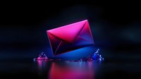 Glowing neon envelope icon floating on reflective dark surface with pink and blue gradient lighting effects, digital communication concept for email marketing.