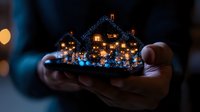 Magical miniature glowing village houses held in hands at night, with twinkling blue lights and warm window illumination creating cozy winter atmosphere.