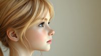 Profile view of young woman with blonde hair and delicate features against neutral background, showcasing natural beauty and soft lighting.