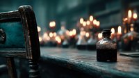 Dark moody still life with vintage glass bottle on wooden surface against blurred glowing candles creating atmospheric bokeh background in teal tones.