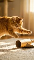 Playful ginger tabby cat pouncing on a fallen golden cup indoors, bathed in warm sunlight streaming through windows, capturing a moment of feline mischief and joy.
