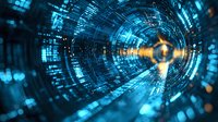 Abstract digital tunnel with glowing blue light effects and binary code streams, representing data transmission and cyber security technology background.