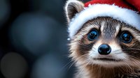 Adorable raccoon wearing red Santa hat with bright blue eyes looking at camera against dark background, festive holiday wildlife portrait.