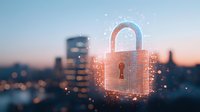 Glowing padlock hologram over blurred city skyline at dusk, representing digital security, data protection and cybersecurity in urban environment.