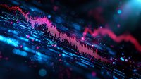 Digital sound wave visualization with neon pink and blue colors against dark background, abstract music equalizer pattern with bokeh light effects.