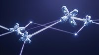 Connected glowing molecular structures with bright nodes and linking lines on dark blue background, representing scientific research, biotechnology, chemistry, and network connectivity concepts.