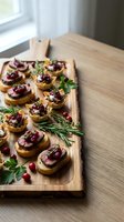 Gourmet appetizer crostini with cranberry sauce and herbs on wooden board for holiday entertaining and festive dining occasions.