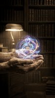 Elderly hands holding glowing magical energy orb with swirling light effects in vintage library setting with antique books and warm lamp lighting.