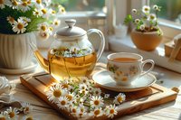 Herbal chamomile tea in glass teapot and vintage porcelain cup on wooden tray by window, fresh daisy flowers arrangement creates cozy morning atmosphere perfect for wellness blogs.