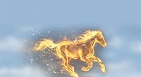 Majestic golden fire horse galloping through cloudy sky with glowing flames and sparks trailing behind creating magical fantasy atmosphere.