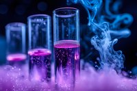 Glowing purple liquid in glass test tubes with rising smoke creates mystical laboratory atmosphere against dark background with dramatic lighting effects.