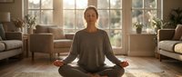 Woman in lotus position meditating in bright living room with natural light, comfortable furniture and plants, promoting mindfulness, wellness and peaceful home relaxation practice.