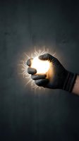 Hand in black work glove holding glowing light bulb with circuit board pattern against dark textured background, symbolizing innovation, technology, and creative ideas for business solutions.