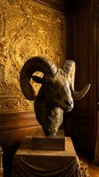 Sculptural ram head mounted on pedestal against ornate golden decorative panel, showcasing classical artistic display in luxurious interior setting for gallery, museum, or upscale home decor.