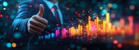 Business professional showing thumbs up gesture against digital graph chart background with glowing financial market data visualization in neon colors.