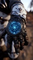 Futuristic robotic hand with glowing blue compass interface on palm against dark background, featuring intricate mechanical details and metallic textures.
