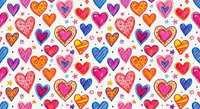 Colorful hand-drawn hearts seamless pattern with decorative elements on white background. Romantic love design for Valentine's Day, wedding invitations.