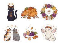 Isolated black cat with autumn crown, orange pumpkin with fall foliage, floral wreath with cross, sitting cats with sparkles, candles with grapes and leaves, and angel cat. Ready for design use.