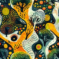 Vibrant abstract forest pattern with stylized trees, organic shapes, and dotted elements in orange, white, and dark green creates seamless nature-inspired background.