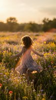 Young girl with light brown hair running through wildflower meadow at golden hour sunset, wearing pink dress, arms outstretched in joy and freedom among blooming flowers.