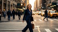 Blonde woman in dark business suit and glasses crossing urban street with yellow taxi and pedestrians in background during daytime.