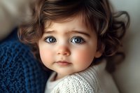 Close up portrait of young Caucasian girl with bright blue eyes and dark curly hair wearing white knit sweater, soft natural lighting creates gentle mood.