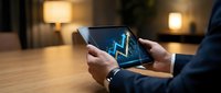 Business professional analyzing financial growth chart on tablet device in modern office environment for investment planning and market analysis.