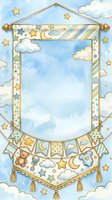 Whimsical nursery banner frame with clouds, stars, and moon on blue watercolor background, isolated on white for baby shower invitations, greeting cards, and children's room decor designs.