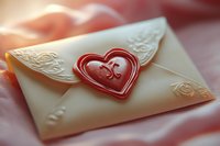 Romantic cream-colored envelope sealed with red heart-shaped wax stamp featuring ornate floral embossing, captured in soft dreamy lighting on pink fabric background.