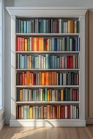Classic white wooden bookshelf filled with colorful hardcover books arranged by color spectrum, creating rainbow effect. Natural light from window illuminates collection.