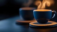 Young woman with medium skin tone, wearing casual attire, enjoying hot beverage in cozy setting with warm lighting and blue ceramic cups on cork coasters for lifestyle and wellness content.