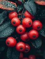 Fresh red berries with water drops on dark green leaves in moody natural lighting, macro photography showing detailed texture of wet fruit and foliage.