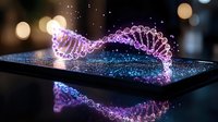 Glowing DNA helix structure floating above digital tablet screen with bokeh lights and reflection, representing biotechnology and genetic research.