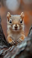 Adorable red squirrel peeking from tree hollow with big curious eyes and cute expression against blurred autumn background. Close-up wildlife portrait showing detailed fur and whiskers.